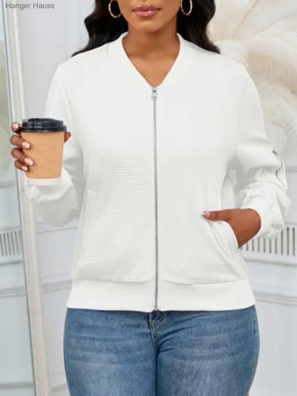 Women Casual Full Zip Comfy Loose Long Sleeve Sweatshirt Jacket with Pockets
